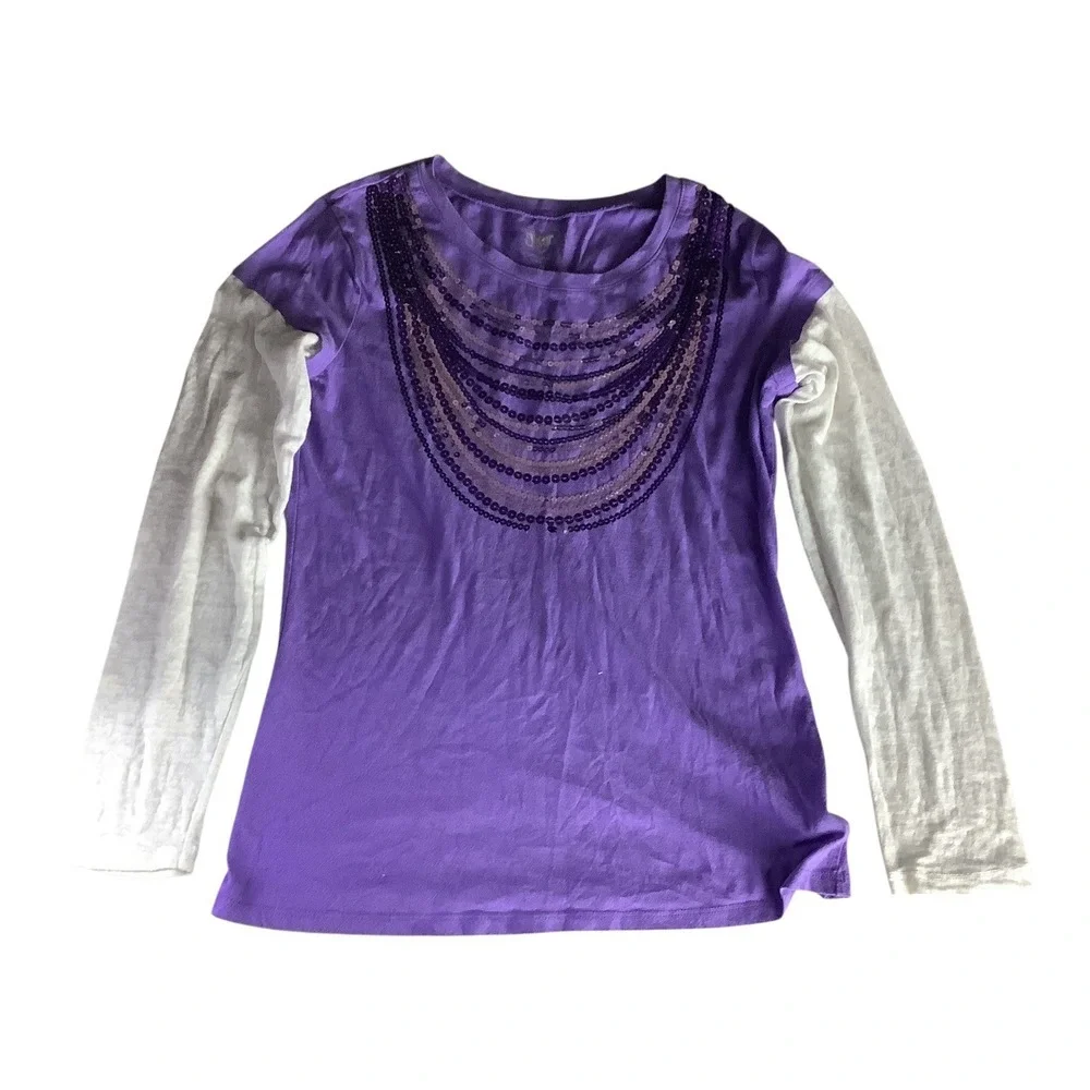 Justice Girls Long Sleeve Purple‎ Shirt Size 18 Sequined Front White Sleeves